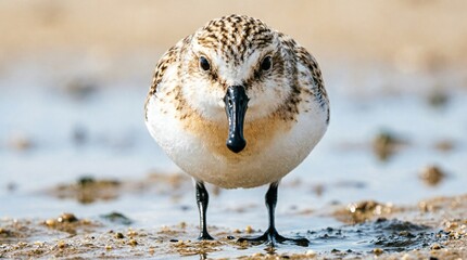 Close-up portrait of critically endangered Spoon-billed Sandpiper with distinctive spatulate bill standing on coastal mudflat, detailed feather texture, professional wildlife photography, conservation