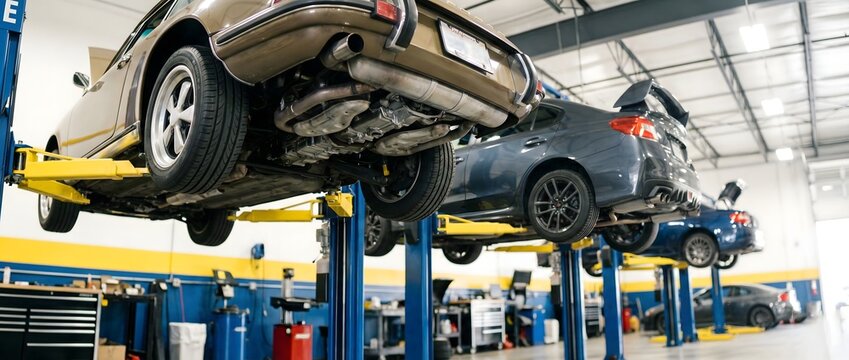 Professional auto repair shop with multiple vehicles raised on yellow hydraulic lifts for maintenance, undercarriage view of cars in a bright modern service center garage.