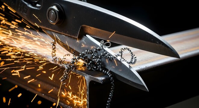 Heavy Duty Metal Shears Cutting Through Chain with Sparks Flying.