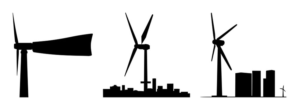 Solid black silhouette of a modern vertical-axis wind turbine (VAWT), urban energy harvesting, geometric solid shape, white background. set with simple line art design featuring simple design, mini...