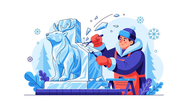 Skilled Artisan Carving Majestic Ice Sculpture of a Bear.