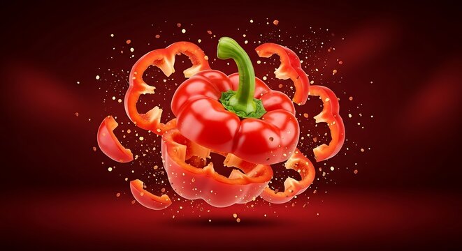 A Red Bell Pepper Exploding into Pieces on a Dark Red Background