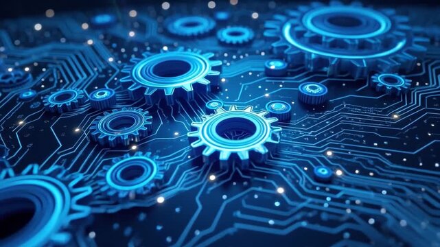 Gears of Technology: High-tech design shows interconnected gears and circuit boards, representing innovation, progress, and the digital era. 