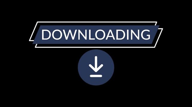 Seamless looping 4k white Downloading text on navy blue slanted rectangle with moving down arrow symbol. Professional motion asset featuring alpha channel transparency for versatile video editing