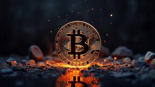 Bitcoin's Digital Hearth: A radiant bitcoin symbol rests amidst a dark, gritty landscape. The scene hints at the volatile yet compelling nature of cryptocurrency.
