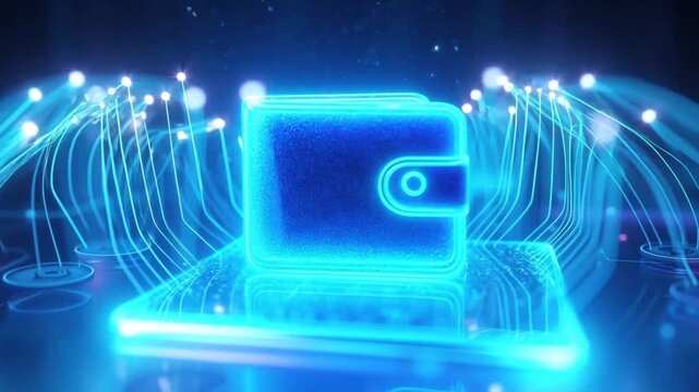 Digital Wallet: This image showcases a futuristic digital wallet, glowing with blue light, symbolizing the future of finance, with interconnected lines implying the secure flow of digital assets.