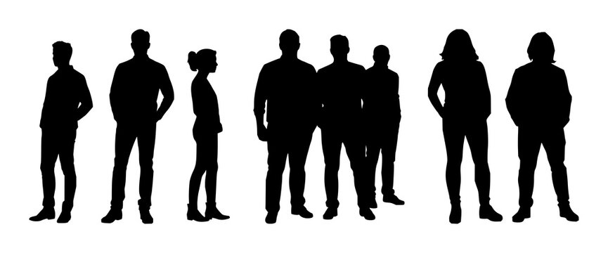 Group of three people silhouettes set with dynamic monochrome figures featuring people, crowd, diversity with background and contrast