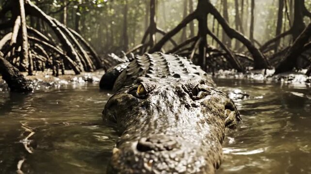 Alligator resting in murky water among mangrove roots in a swamp