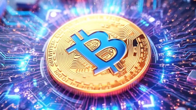 Bitcoin Digital Revolution: A gleaming gold Bitcoin coin rests majestically on an intricate circuit board, symbolizing the cutting-edge of financial innovation.