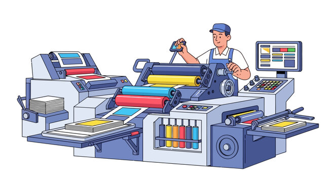 Printing press operator working with modern printing machine.