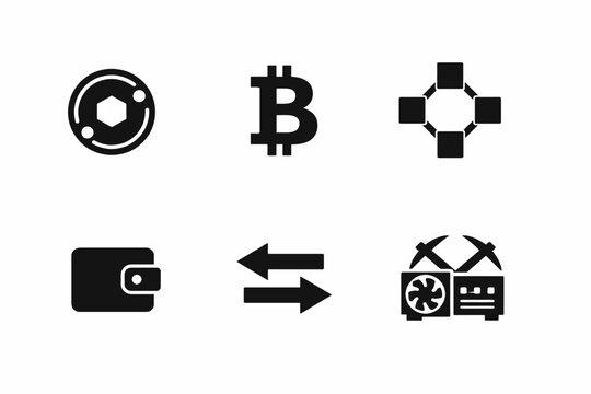 Cryptocurrency icons: bitcoin, wallet, exchange, mining, blockchain symbols