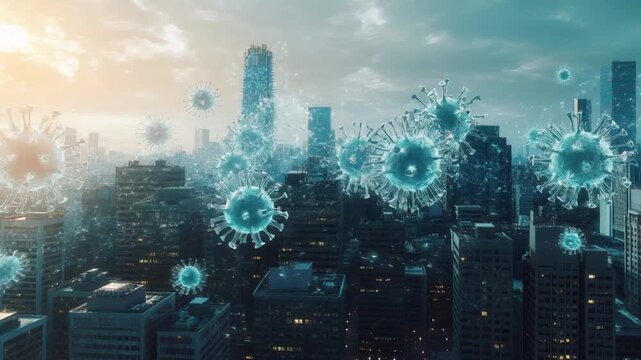 Global Pandemic Over Cityscape: A visualization of a city under siege by a global pandemic, showcasing the impact of the health crisis and its effect on urban life.