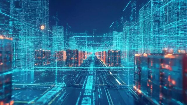 Digital Cityscape of Tomorrow: Futuristic urban landscape rendered in vibrant blue, showcasing the potential of technology, innovation, and interconnectedness. A visual symphony of data.