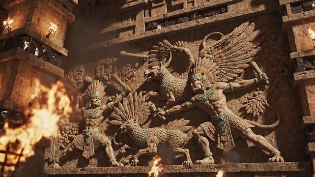 Ancient temple wall with mystical warrior carvings and burning torches