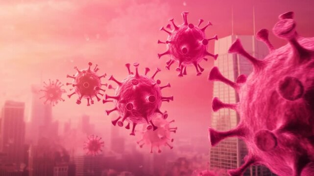 Microscopic Threat Over City: A visual representation of a dangerous virus looming over a cityscape, creating an atmosphere of foreboding and highlighting the challenges facing the modern world.