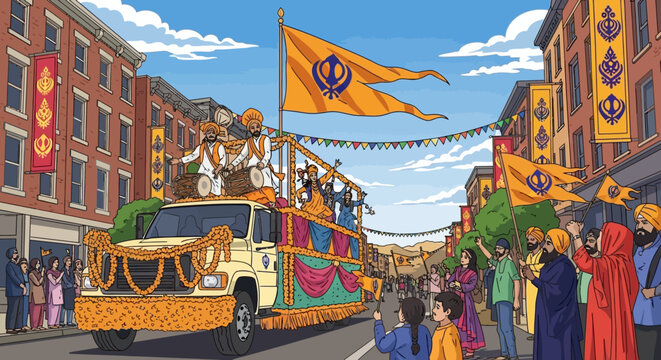 Baisakhi, Vibrant Sikh Nagar Kirtan parade vector illustration with decorated float and people celebrating on a city street