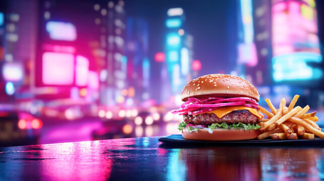 Vibrant urban fast food promotion featuring juicy cheeseburger and fries in neon-lit cityscape