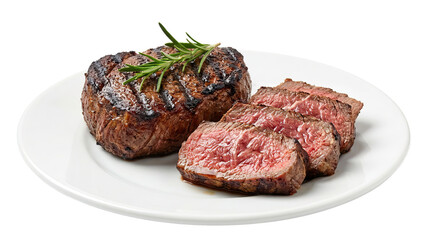 Obraz premium Grilled steak with a slice cut revealing juicy pink interior garnished with fresh herbs on a white plate object on white and png