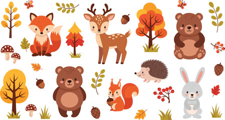 Cute Forest Animals Cartoon Set with Fox, Deer, Bear, Rabbit, Hedgehog, Squirrel, Fall Leaves, Mushrooms, and Autumn Nature ElementsCute Forest Animals Cartoon Set with Fox, Deer, Bear, Rabbit, Hedgeh © Mominul