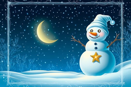 Magical snowman with twinkling eyes and a golden star at night