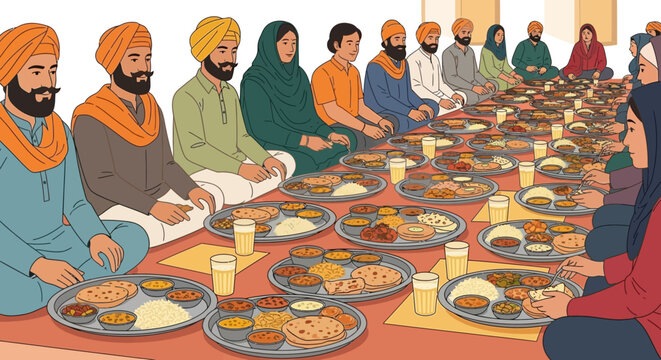 Baisakhi, Sikh community sharing traditional Langar meal, diverse group eating together on floor, vector illustration