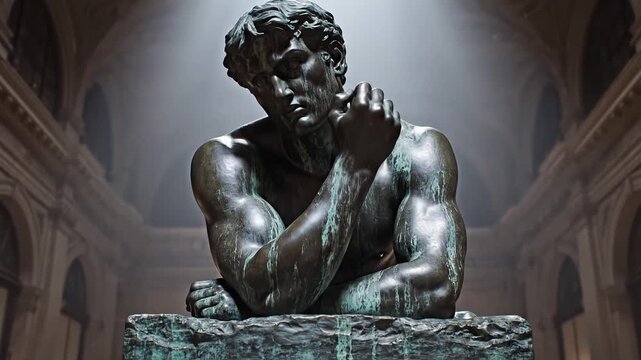 The Thinker Sculpture Bronze Statue Museum Interior Lighting Dramatic.