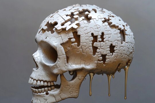 Melting puzzle skull with dripping pieces resembling flowing water