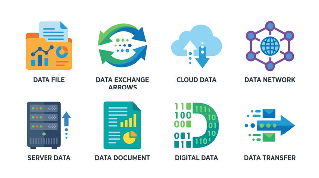 Vector graphic illustration of data exchange and transfer through cloud network with server and document icons.