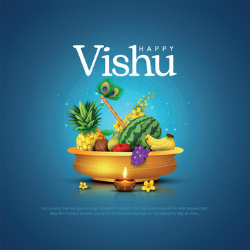 Happy vishu greetings. fruits decoration bowl. Kerala vishu festival vishukkani design. Creative vector illustration.