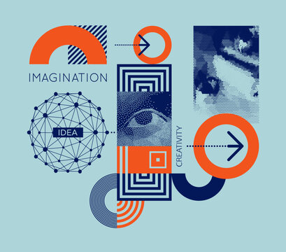 Art composition. Eye. Designer's vision. Close-up of wide-open eyes in newspaper style.  The concept of discovery, exploration and learning. Vector for brochure, poster, card, poster or presentation