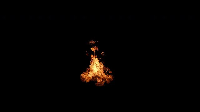 Campfire burning intensely on black background. Bright fire flame burning isolated. Hot flames of fire burning. Small bonfire with flames rising