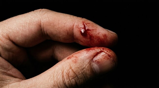 A close-up shot of a person's fingers with fresh cuts and blood, highlighting the injury against a dark background.
