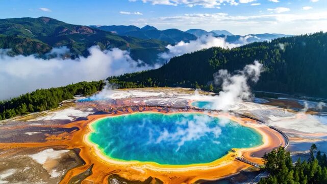 Vivid, aerial shot of Grand Prismatic Spring, Yellowstone, mountains backdrop