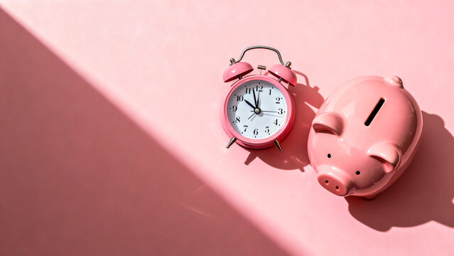 Pink piggy bank next to a vintage alarm clock on a pink background, symbolizing saving money and time management with bright sunlight casting shadows, home decor