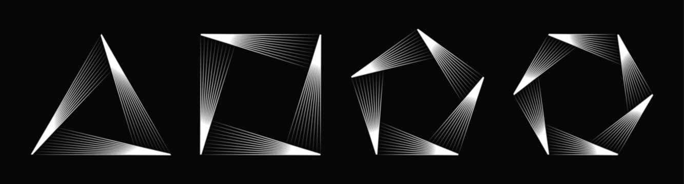 Collection of monochrome optical illusion geometric elements. Blend speed lines in triangle, rectangle, pentagon and hexagon form. Design element for logo, prints, template. Vector illustration