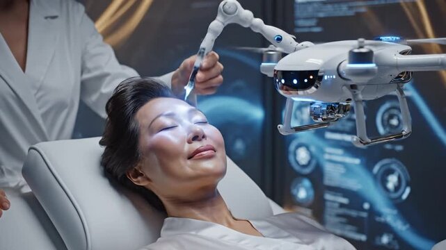 Asian woman receiving futuristic drone beauty treatment in clinic