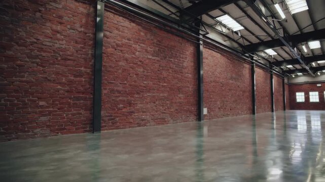 Empty industrial brick warehouse interior perspective