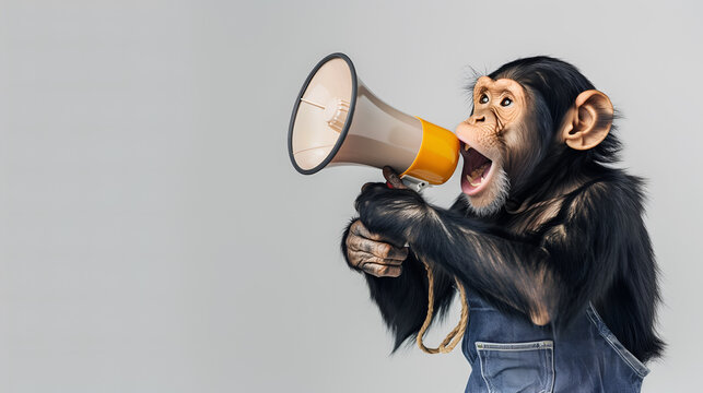 A monkey excitedly speaks into a large megaphone