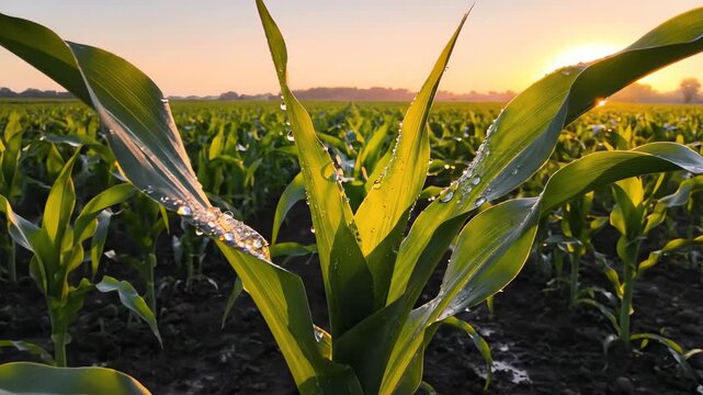 Special earth day: golden sunrise on dew-kissed corn plants in a vibrant green agricultural field.