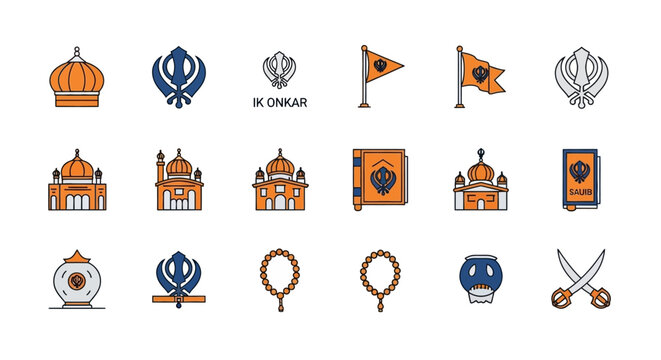 Set of 18 Sikhism religion and culture vector icons with orange and blue accents, flat line style