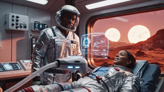 Astronaut examining data of crew member in futuristic space medical bay