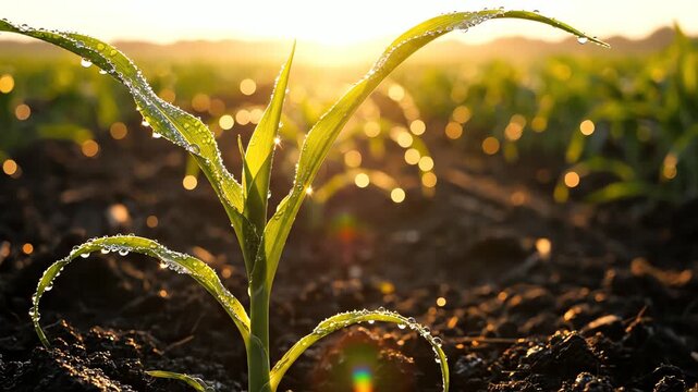 A young corn plant with glistening water droplets grows in a golden-lit field at sunset, celebrating special earth day.