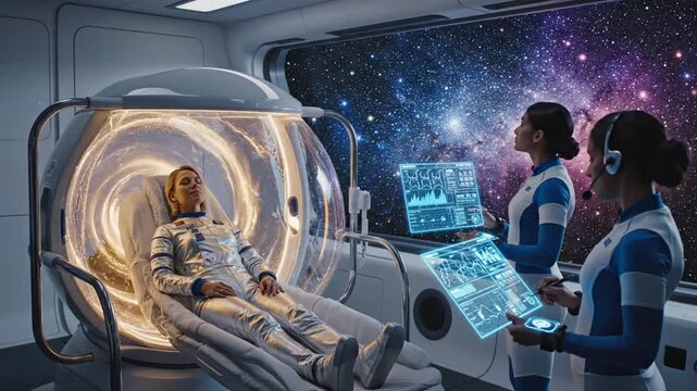 Astronaut in stasis pod observed by crew on futuristic spaceship