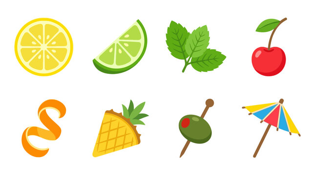 A vector illustration of various colorful summer fruits and food items arranged with a beach umbrella on a sunny day.