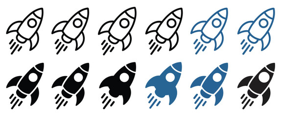 Fototapeta premium Rocket icon vector, minimal startup launch sign featuring black and blue outline rocket illustration, spaceship symbol for business concept, modern startup design,