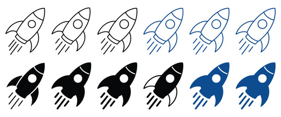 Fototapeta premium Rocket icon vector minimal, launch startup sign with black and blue outline rocket illustration, spaceship symbol for business concept, startup launch design