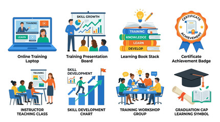 Online training sessions and skill development workshops with vector illustrations of learning materials and people in a modern educational environment.