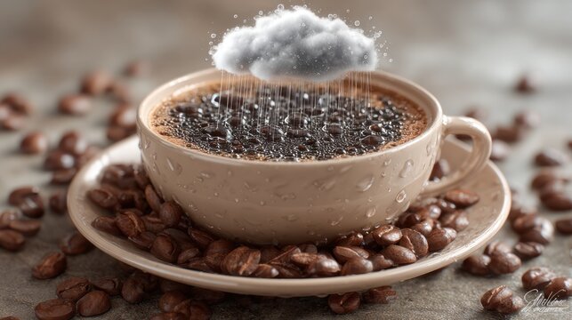 A Cup of Coffee with a Storm Cloud and Coffee Beans.
