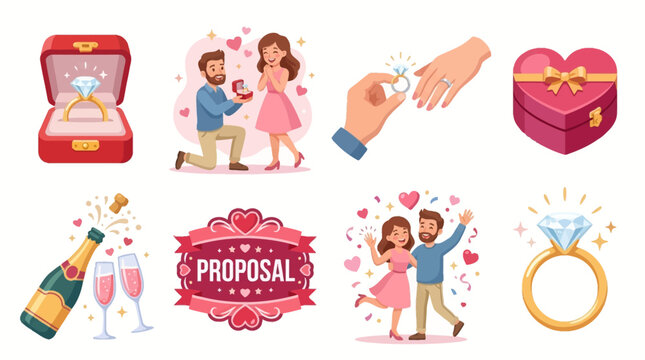 A romantic vector illustration of a man proposing to a woman with a ring, surrounded by hearts and champagne, celebrating love and engagement in a joyful moment.