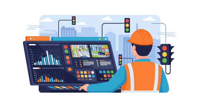 Traffic control system operator monitoring city traffic flow.